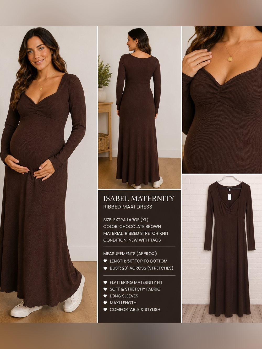 Isabelle Maternity Maxi Dress – Size XL – Long Sleeve Ribbed Knit 🤎✨